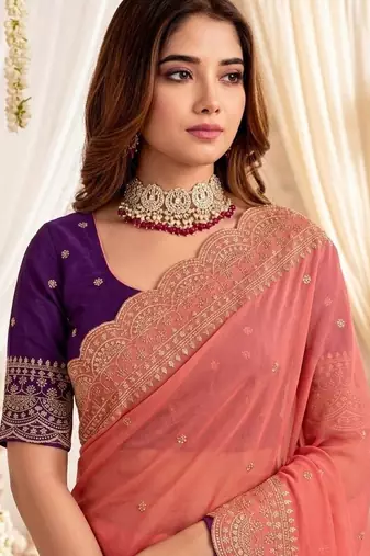 Peach embellished embroidered poly georgette designer saree