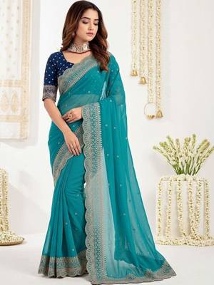 Turquoise embellished embroidered poly georgette designer saree 1