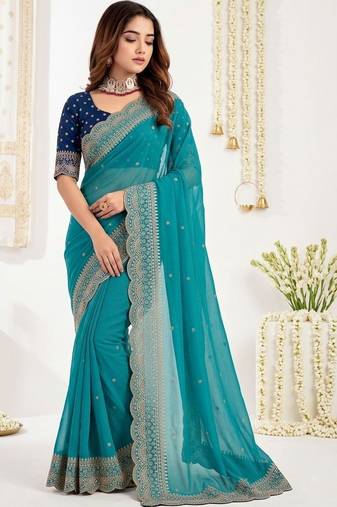 Turquoise embellished embroidered poly georgette designer saree