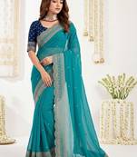 Turquoise embellished embroidered poly georgette designer saree