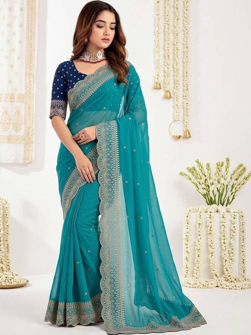 Turquoise embellished embroidered poly georgette designer saree