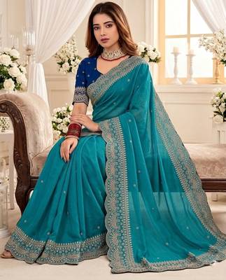 Turquoise embellished embroidered poly georgette designer saree 2