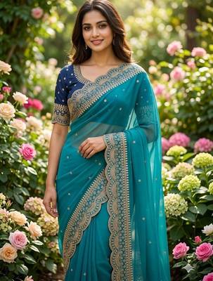 Turquoise embellished embroidered poly georgette designer saree 3