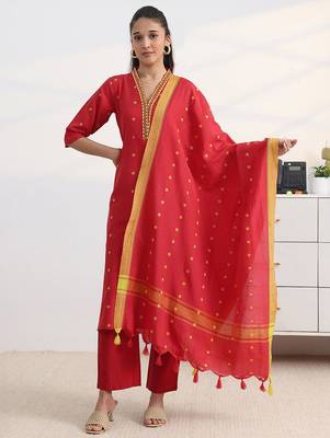 libas red woven design a-line suit set with dupatta 1