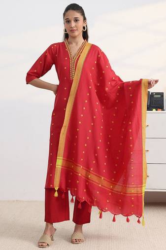 libas red woven design a-line suit set with dupatta
