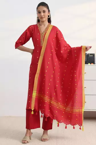libas red woven design a-line suit set with dupatta