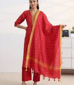 libas red woven design a-line suit set with dupatta