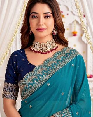 Turquoise embellished embroidered poly georgette designer saree 4