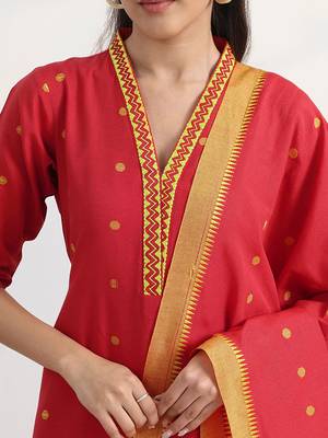 libas red woven design a-line suit set with dupatta 2
