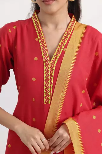 libas red woven design a-line suit set with dupatta