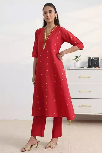 libas red woven design a-line suit set with dupatta