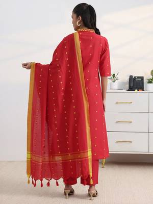 libas red woven design a-line suit set with dupatta 4