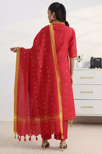 libas red woven design a-line suit set with dupatta