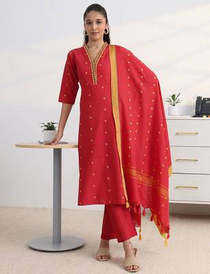 libas red woven design a-line suit set with dupatta 5