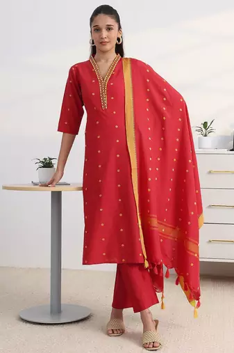 libas red woven design a-line suit set with dupatta