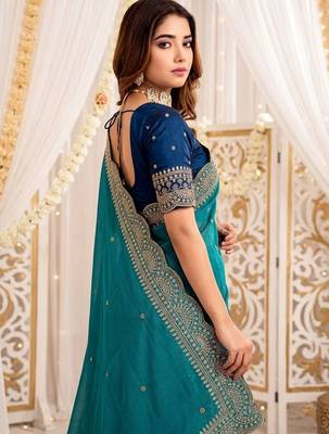 Turquoise embellished embroidered poly georgette designer saree 5