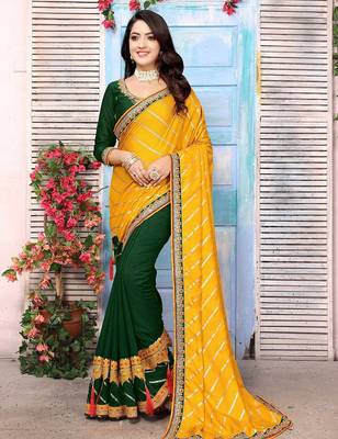 Yellow striped sequinned half and half saree 1