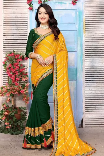 Yellow striped sequinned half and half saree