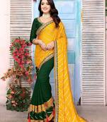 Yellow striped sequinned half and half saree