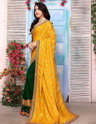 Yellow striped sequinned half and half saree 2