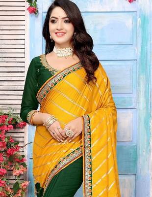 Yellow striped sequinned half and half saree 4