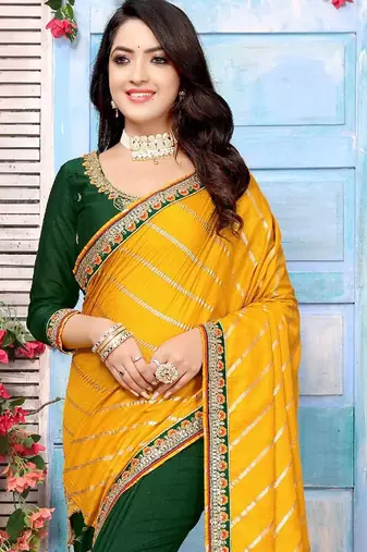 Yellow striped sequinned half and half saree