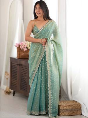 Sea green embellished embroidered silk blend designer saree 1