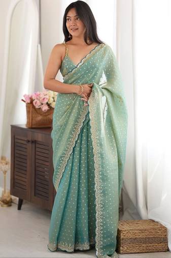 Sea green embellished embroidered silk blend designer saree