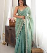 Sea green embellished embroidered silk blend designer saree