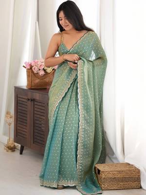 Sea green embellished embroidered silk blend designer saree 2