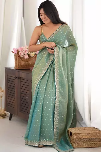 Sea green embellished embroidered silk blend designer saree