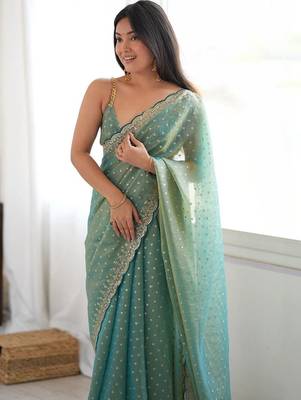 Sea green embellished embroidered silk blend designer saree 3