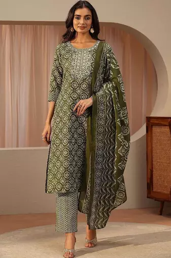 green ethnic printed cotton blend straight suit set