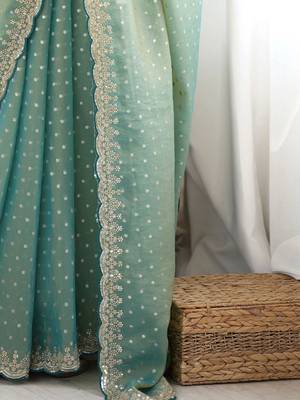 Sea green embellished embroidered silk blend designer saree 5