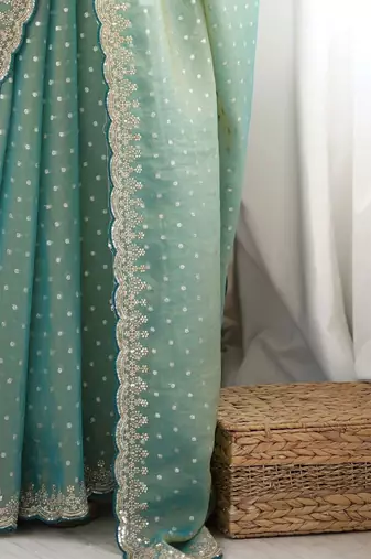 Sea green embellished embroidered silk blend designer saree