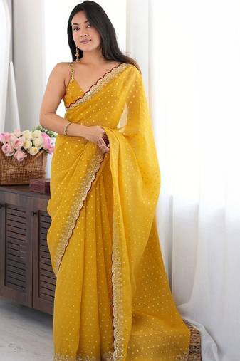 Mustard embellished sequinned silk blend designer saree