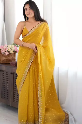 Mustard embellished sequinned silk blend designer saree