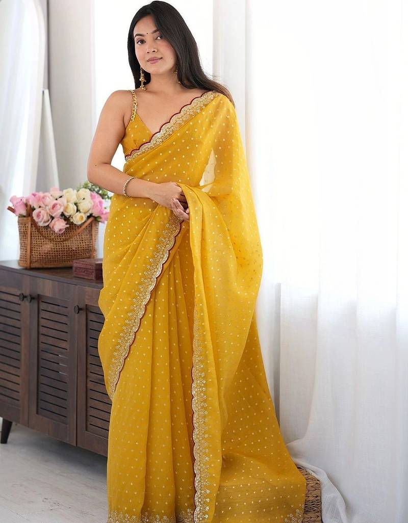 Mustard embellished sequinned silk blend designer saree