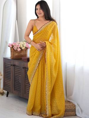 Mustard embellished sequinned silk blend designer saree 2