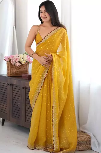 Mustard embellished sequinned silk blend designer saree