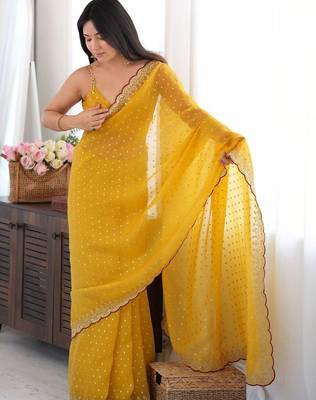 Mustard embellished sequinned silk blend designer saree 3