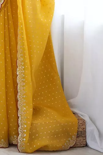 Mustard embellished sequinned silk blend designer saree