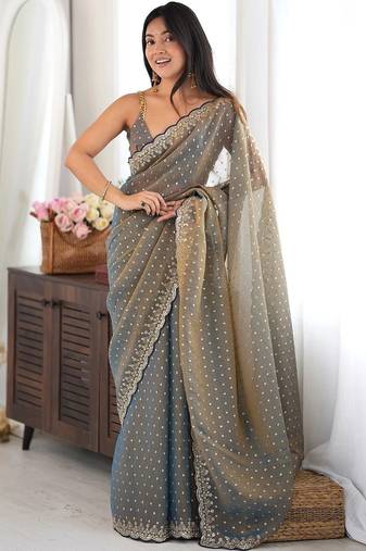 Grey embellished sequinned silk blend designer saree
