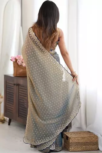 Grey embellished sequinned silk blend designer saree