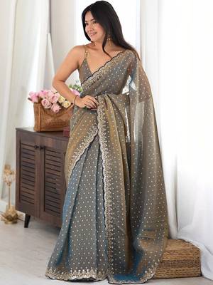 Grey embellished sequinned silk blend designer saree 3