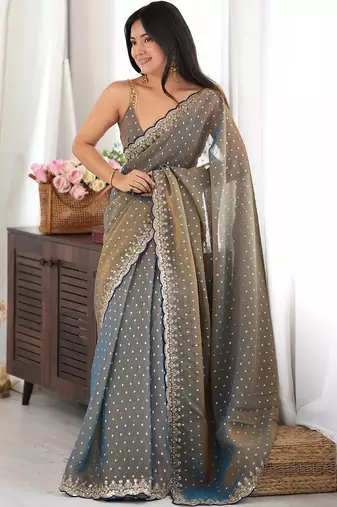 Grey embellished sequinned silk blend designer saree