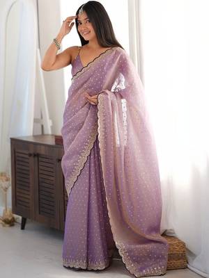 Purple embellished embroidered silk blend designer saree 1