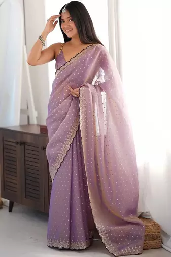 Purple embellished embroidered silk blend designer saree