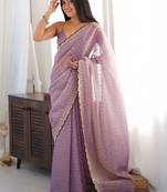 Purple embellished embroidered silk blend designer saree