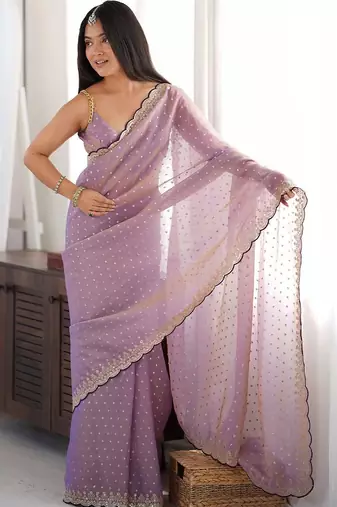 Purple embellished embroidered silk blend designer saree